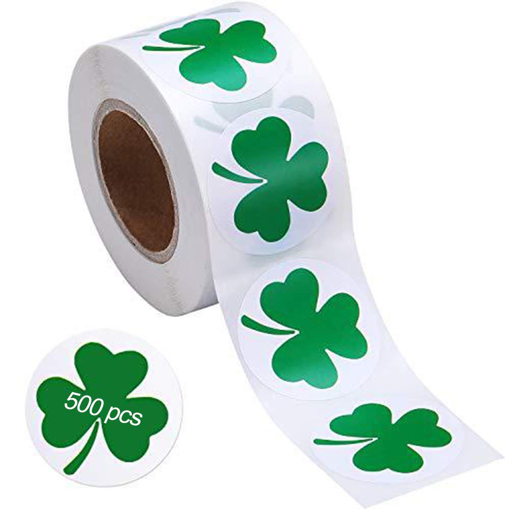 Folouse St. Patricks Day Stickers, 500 Pieces 1.5Inch Irish Shamrock Sticker Roll 4 Leaf Clover Stickers For Bags Boxes Wrap Car