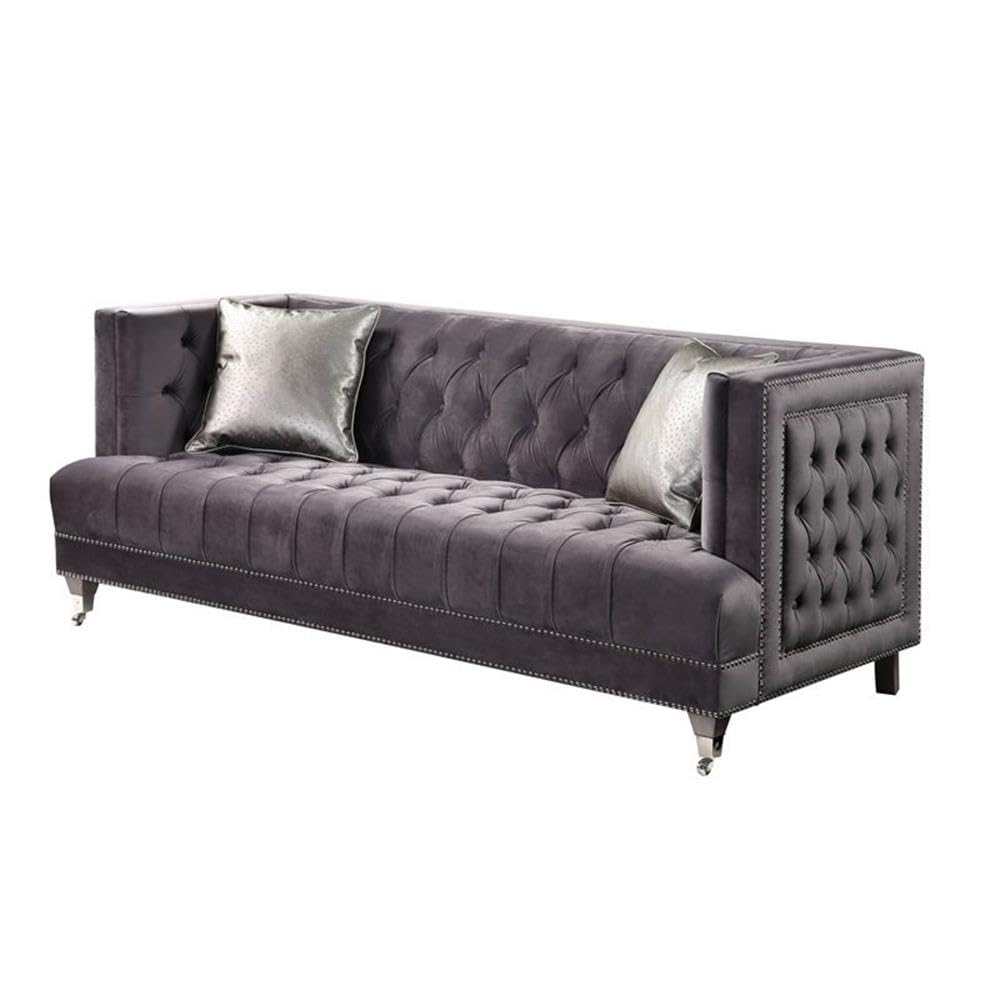 Acme Hegio Velvet Tufted Nail-Head Trim Sofa with 2 Pillows in Gray