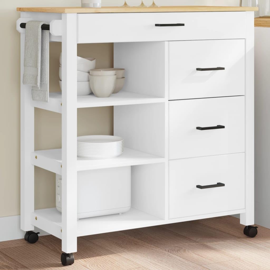 vidaXL Solid Pine Wood Rolling Kitchen Trolley - Vintage White/Honey Wax Finish, Mobile Storage Cart with Drawers/Shelves