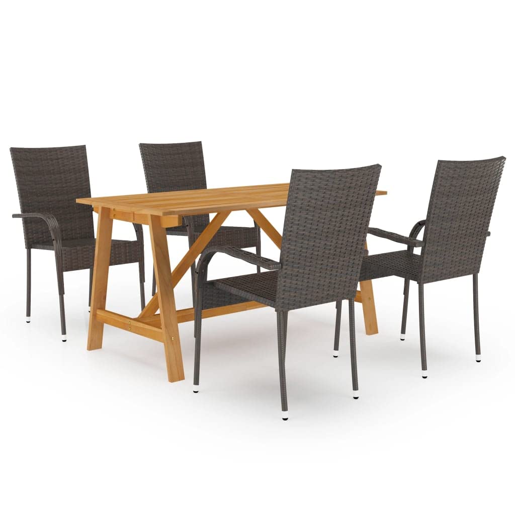 vidaXL 5-Piece Patio Dining Set - Sturdy Acacia Wood Table and Weather-Resistant PE Rattan Chairs - Easy-to-Maintain - Stackable Chairs - Brown