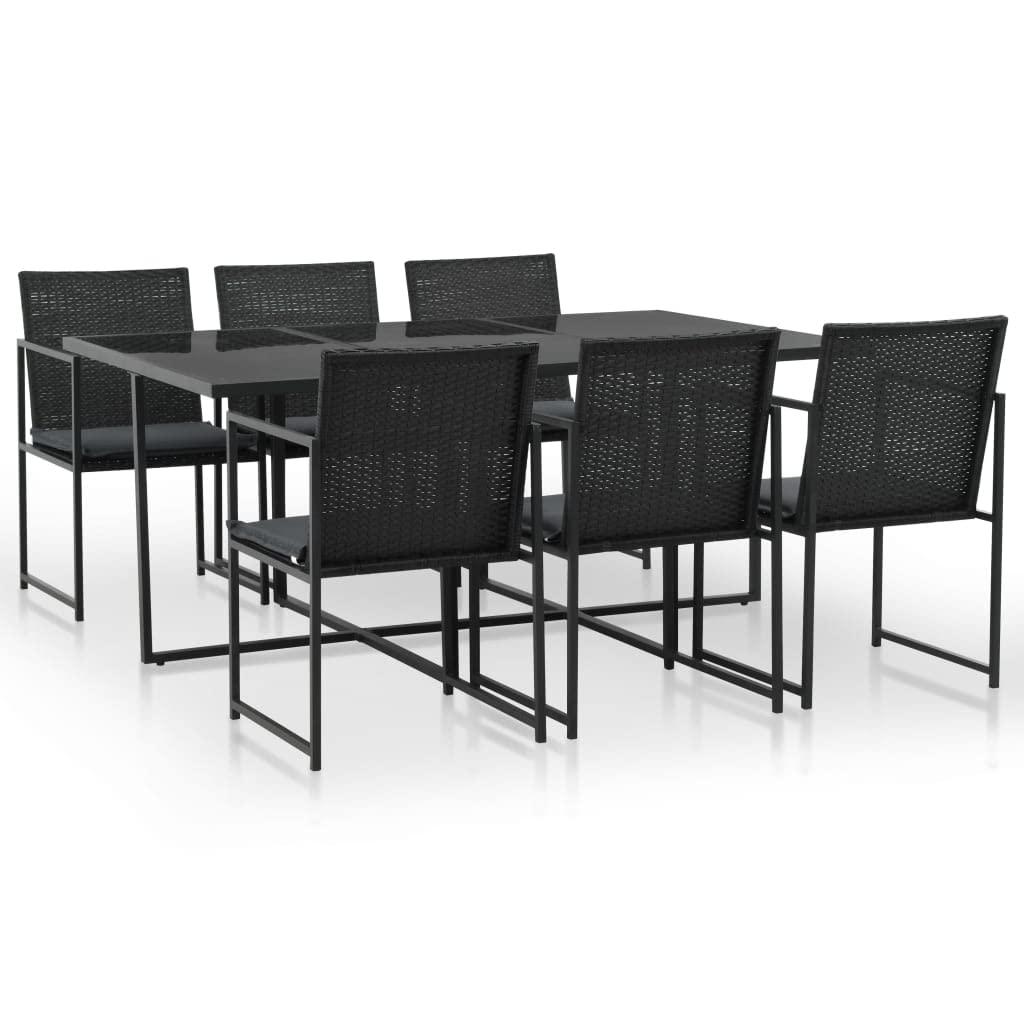vidaXL 7-Piece Outdoor Dining Set - Patio Furniture with Cushions, Poly Rattan, Black, with Powder-Coated Steel Frame, Table and 6 Chairs.