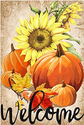 Lhsion Pumpkin Sunflowers House Flag 28 X 40 Inch - Welcome Fall Garden Flag Decorative House Yard Double Sided Flag For Indoor