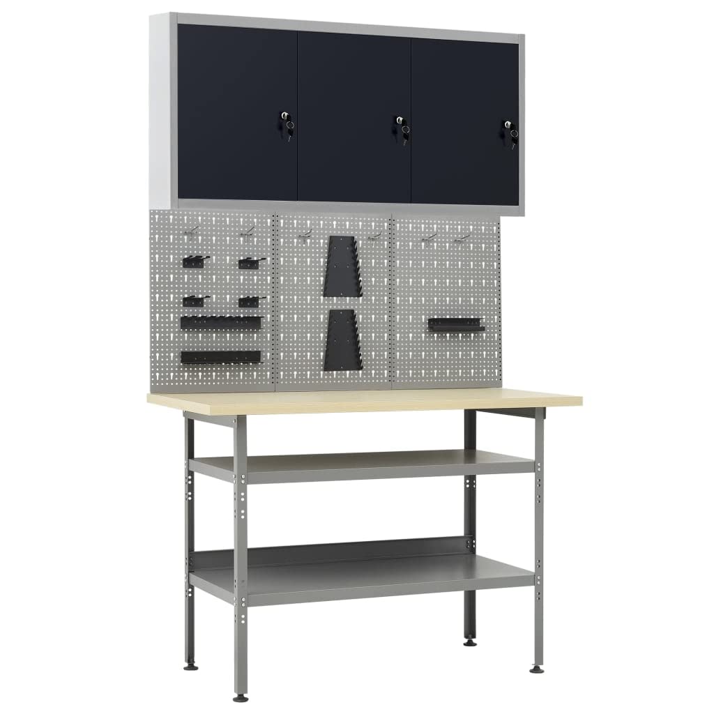 vidaXL Garage Workbench-Workstation Combo Set with 3 Steel Wall Panels, Adjustable Shelves, Wall Cabinet, and Lockable Doors