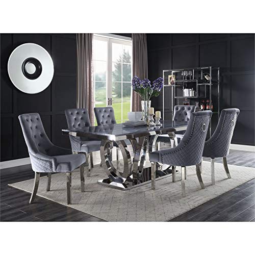 Acme Nasir Dining Table in Gray Printed Faux Marble and Mirrored Silver Finish