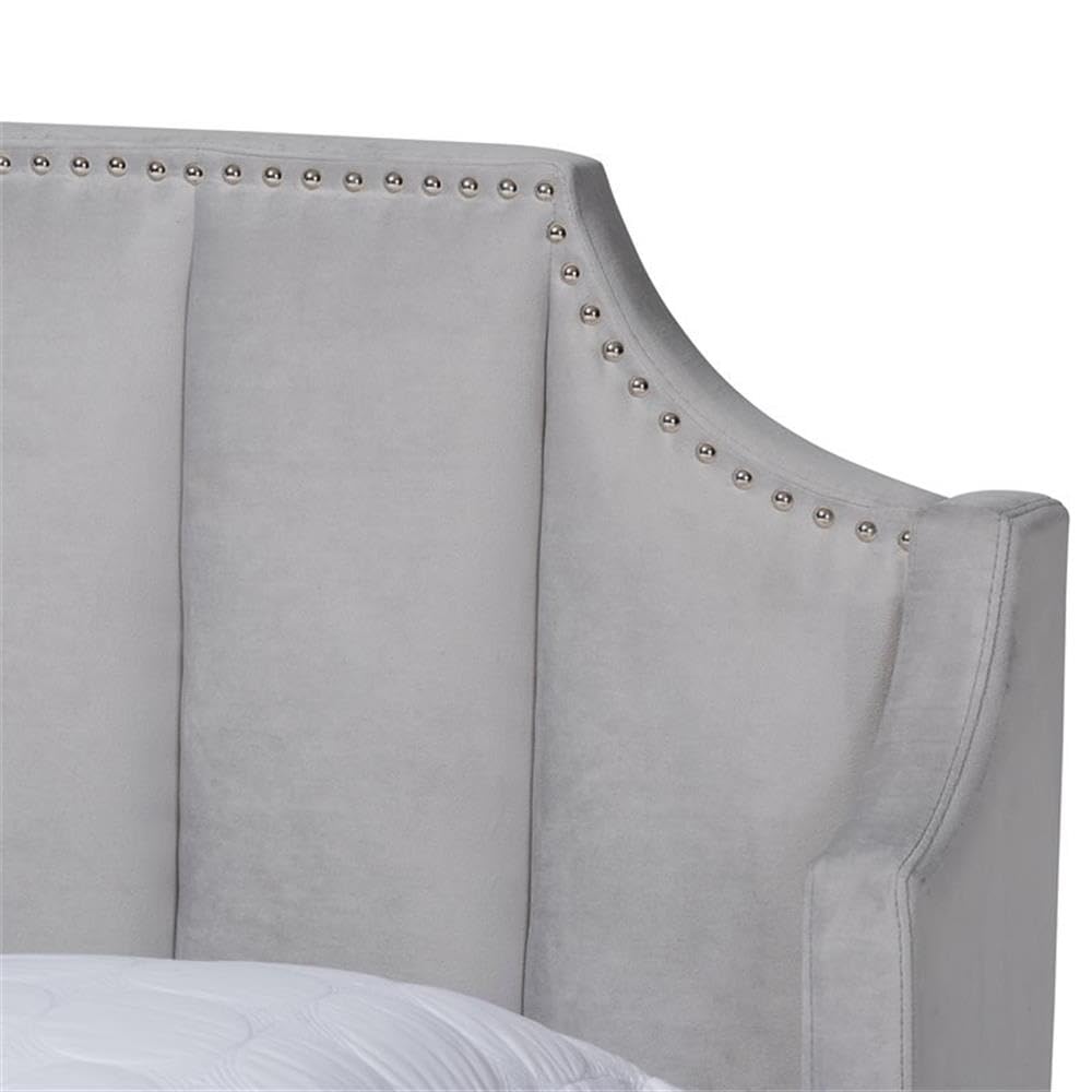Baxton Studio Adelie Modern Glam Light Grey Velvet Fabric Upholstered Walnut Brown Finished Wood King Size Wingback Platform Bed