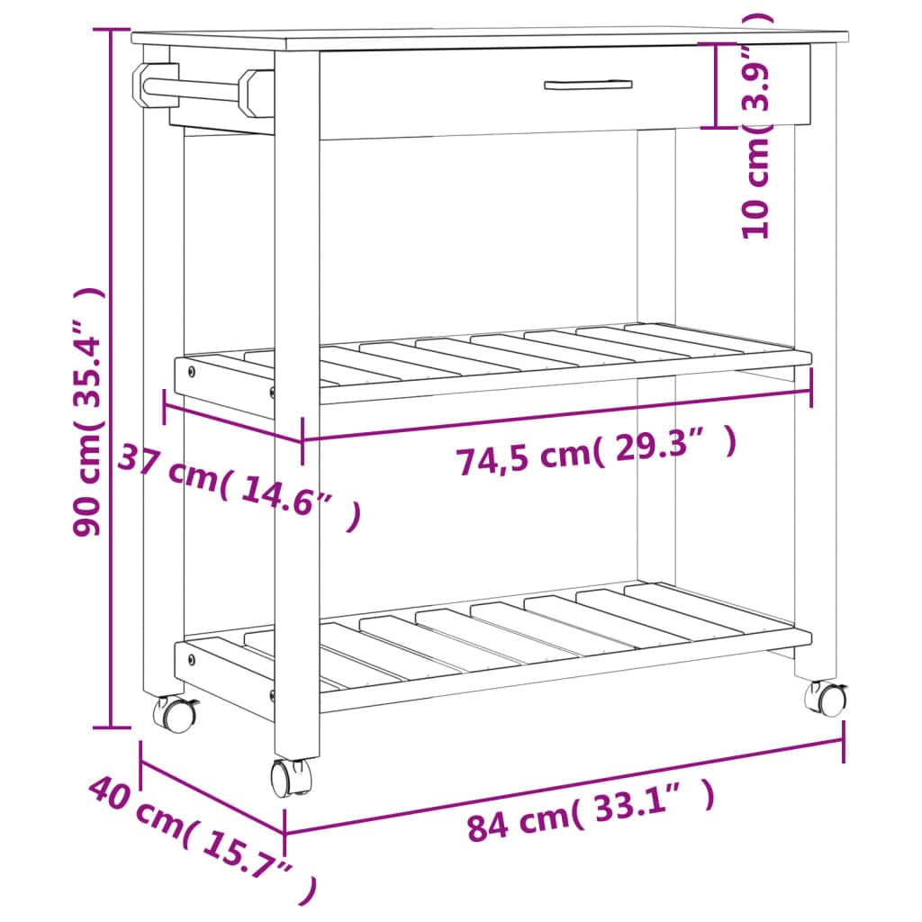 vidaXL Kitchen Trolley Rolling Cart - Solid Pine Wood in Gray/Honey Wax, Versatile Use with Storage and Wheels, 33.1x15.7x35.4 inches