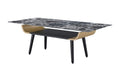 Lilola Home Landon Coffee Table with Glass Black Marble Texture Top and Bent Wood Design