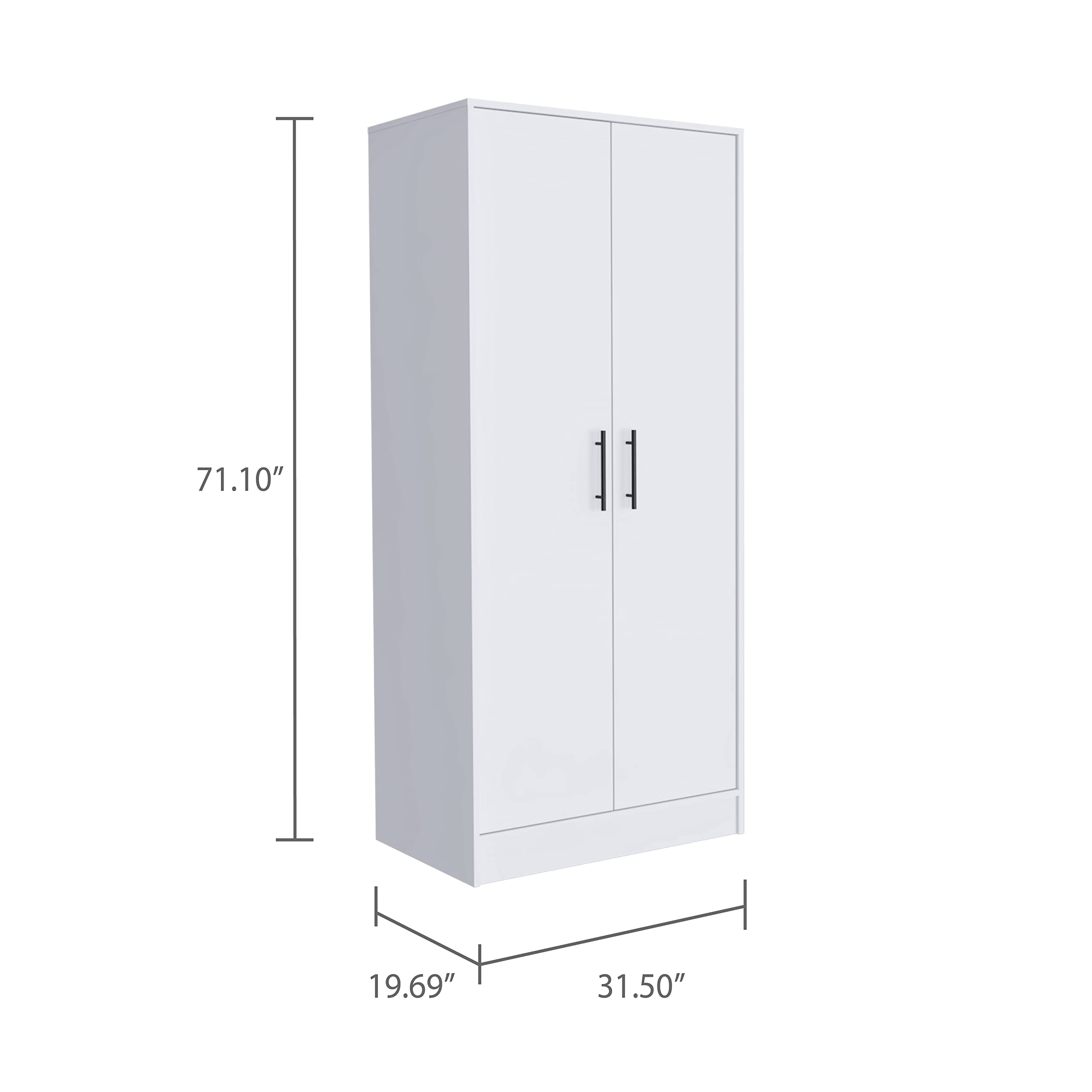 Darwin 180 Armoire with Double Doors, Metal Rod, Top Shelf, and Drawer, White