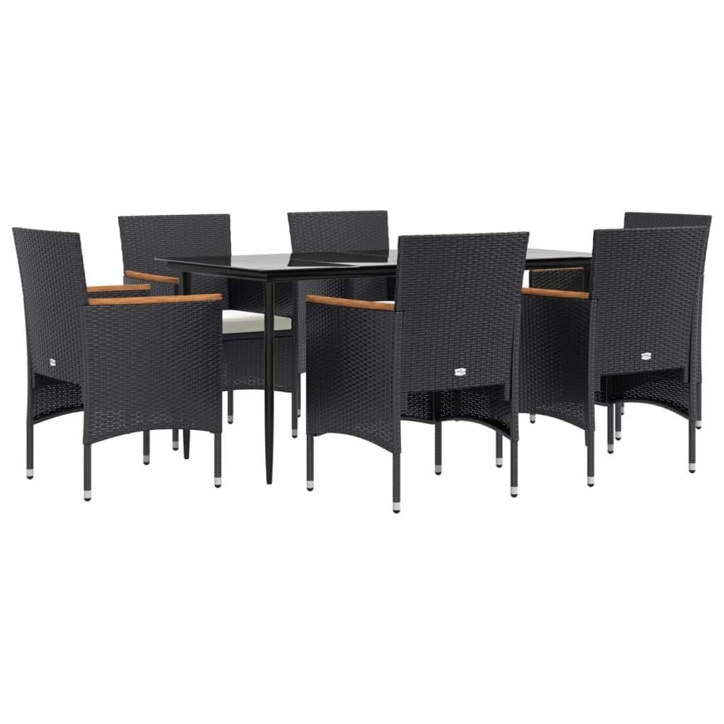 vidaXL 7-Piece Black Patio Dining Set with Cushions - Modern Outdoor Furniture with PE Rattan, Tempered Glass Table, Cushioned Chairs for Garden, Patio, or Deck