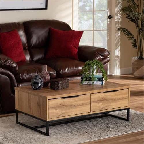 Baxton Studio Franklin Modern and Contemporary Oak Brown Finished Wood and Black Finished Metal 2-Drawer Coffee Table Brown/Wood