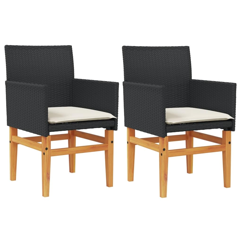 vidaXL Patio Chairs with Cushions - Modern Black Poly Rattan & Solid Wood - Comfortable Outdoor Seating for Patio/Garden - Set of 2