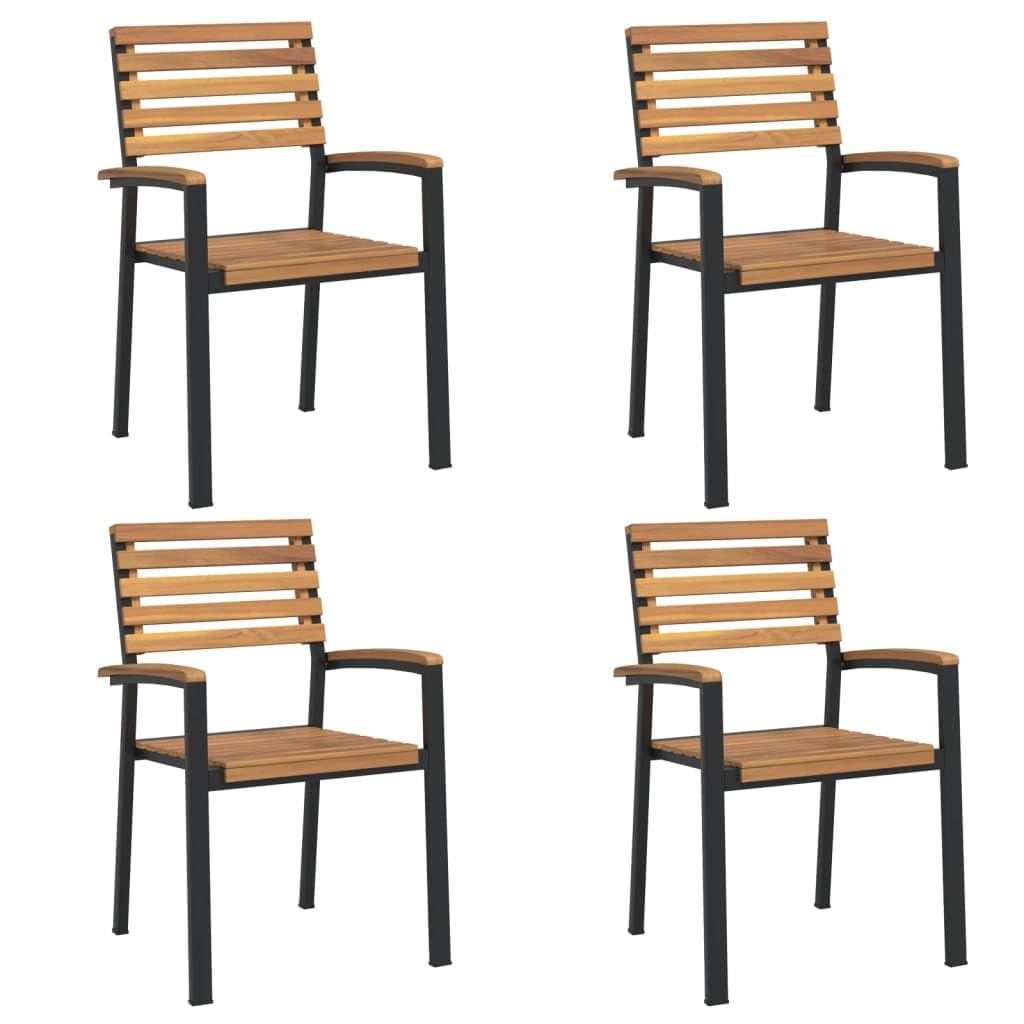 vidaXL Stackable Patio Chairs Set - 4 pcs with Solid Acacia Wood and Metal Frame, Comfortable Armrests and Backrest, Brown, Industrial Style, Outdoor Furniture, Durable Build