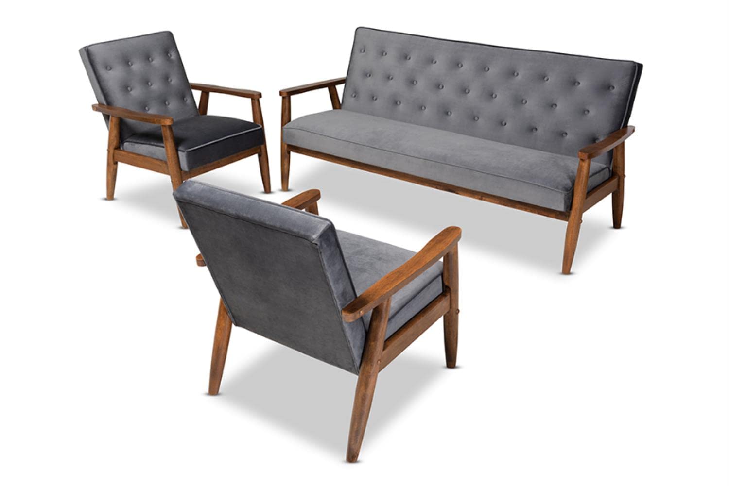 Baxton Studio Sorrento Mid-century Modern Grey Velvet Fabric Upholstered Walnut Finished 3-Piece Wooden Living Room Set