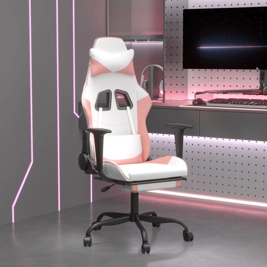 vidaXL Gaming Chair - Adjustable Faux Leather Seat with Footrest, Comfortable Foam Filling, White and Pink Gaming Chair, Modern Design, Home Office Gaming Furniture