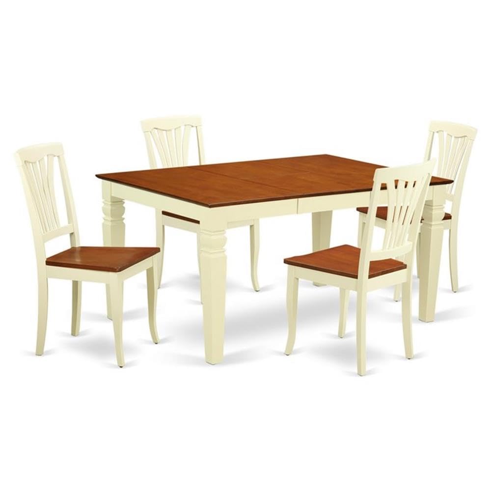 East West Furniture WEAV5-BMK-W 5 Piece Kitchen Table Set for 4 Includes a Rectangle Dining Room Table with Butterfly Leaf and 4 Dining Chairs, 42x60 Inch, Buttermilk & Cherry