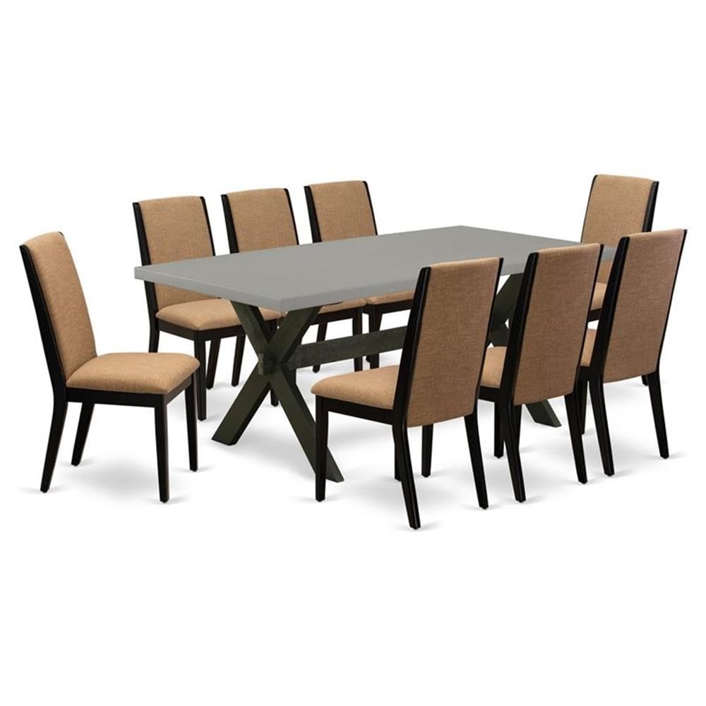 East West Furniture X697La147-9 9 Piece Dining Set Includes A Rectangle Dining Room Table With X-Legs And 8 Light Sable Linen Fabric Upholstered Chairs, 40X72 Inch, Multi-Color
