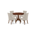 East West Furniture Hlfr5-Mah-05 5 Piece Kitchen Table Set For 4 Includes A Round Dining Room Table With Pedestal And 4 Doeskin Linen Fabric Upholstered Chairs, 42X42 Inch, Mahogany