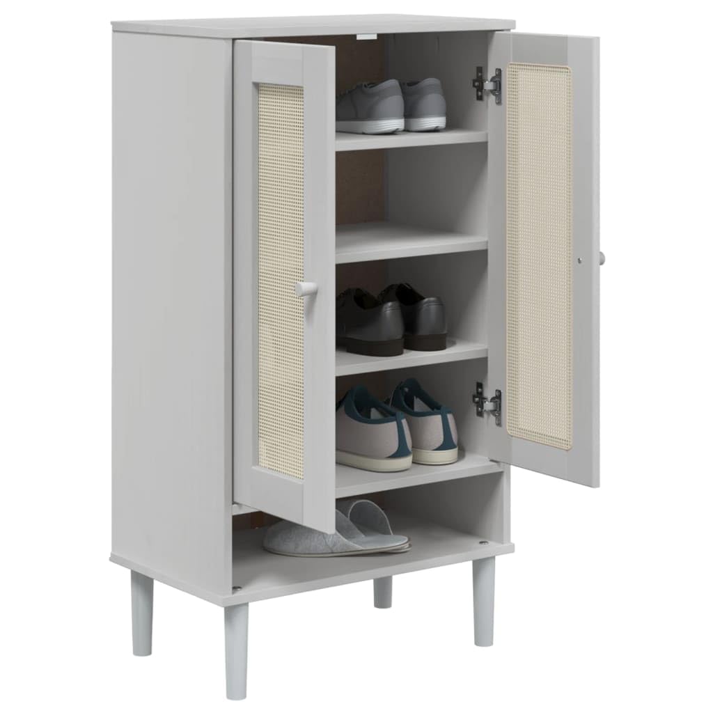 vidaXL SENJA White Shoe Cabinet - Solid Pinewood Shoe Organizer with Rattan Look Surface, UV Varnish Finish, Compact Size with Multiple Compartments