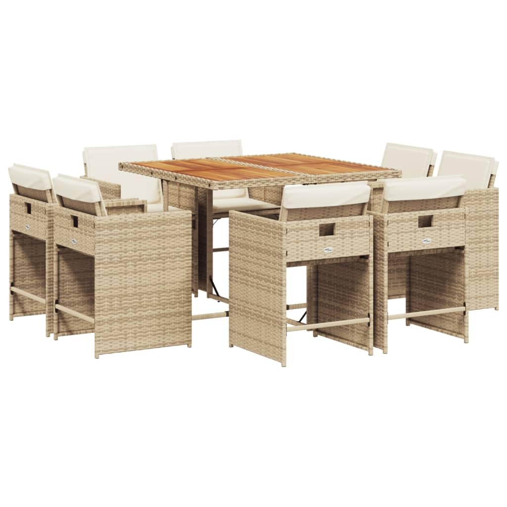 vidaXL Patio Dining Set with Cushions - 9 Piece Beige Poly Rattan Outdoor Garden Furniture, Acacia Wood Table Top 43.3x41.7x28.7 - Foldable Storage & Removable Cushion Covers