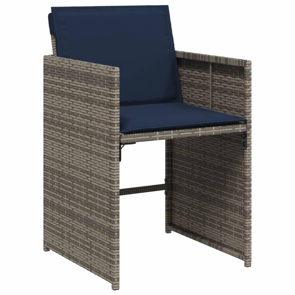 vidaXL Patio Dining Set with Cushions - 11 Piece Poly Rattan Outdoor Garden Furniture in Gray with Acacia Wood Tabletop and Navy Blue Cushions - Foldable Chairs for Compact Storage