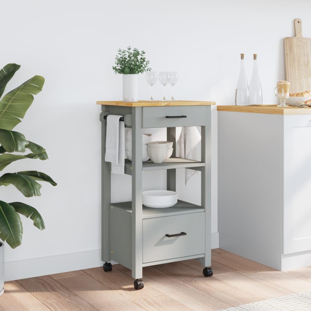 vidaXL Rolling Kitchen Trolley on Wheels - Solid Pine Wood with Ample Storage, Versatile Use for Kitchen/Bathroom/Living Room