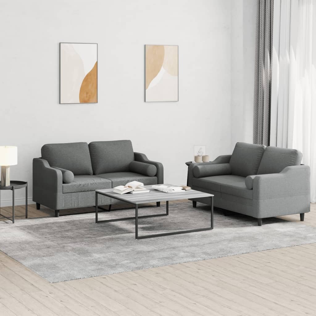 vidaXL 2-Piece Modern Sofa Set with Roll Pillows - Dark Gray Fabric, Plywood and Metal Frame, Indoor Seating Solution