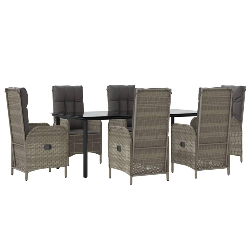 'Vidaxl 7-Piece Garden Dining Set - Pe Rattan Material - Tempered Glass Table - Weather-Resistant - Reclining Function Chairs - Black And Grey