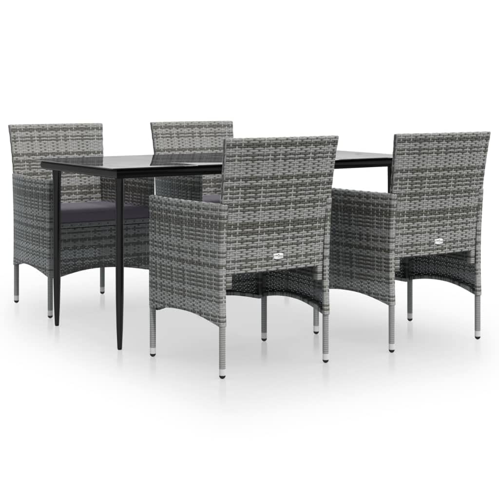 vidaXL 5-Piece Patio Dining Set with Cushions - Weather-Resistant PE Rattan Material, Steel Frame, Tempered Glass Tabletop, Comfortable Arm Chairs- Gray and Black