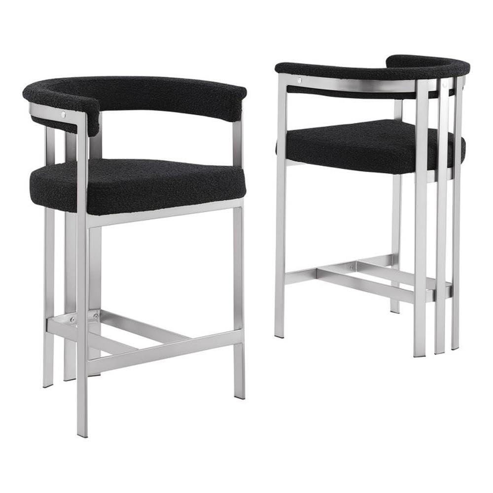 Best Quality Furniture Modern Upholstered Counter Height Stool With Black Boucle Fabric – Matte Brushed Chrome Legs In Silver – Versatile Living Room & Dining Room Seating – Set Of 2