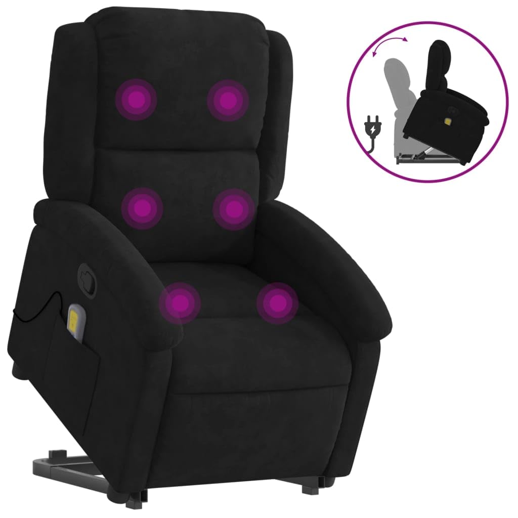 vidaXL Power Lift Wingback Armchair - Black Velvet Massage Recliner with Manual Recline and Side Pocket for Elderly