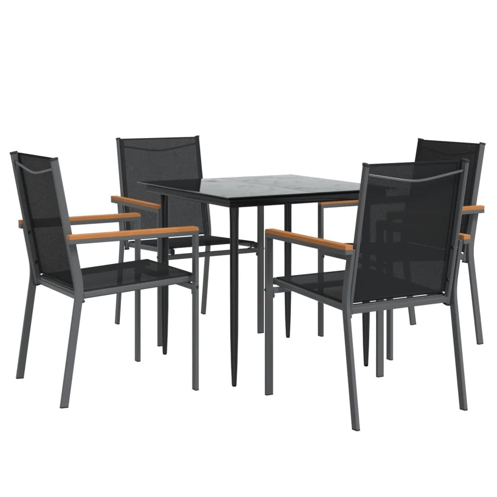 Vidaxl Patio Dining Set 5 Piece Outdoor Furniture - Black Steel Frame/Textilene Fabric - Tempered Glass Table - Square Shape - Modern Style