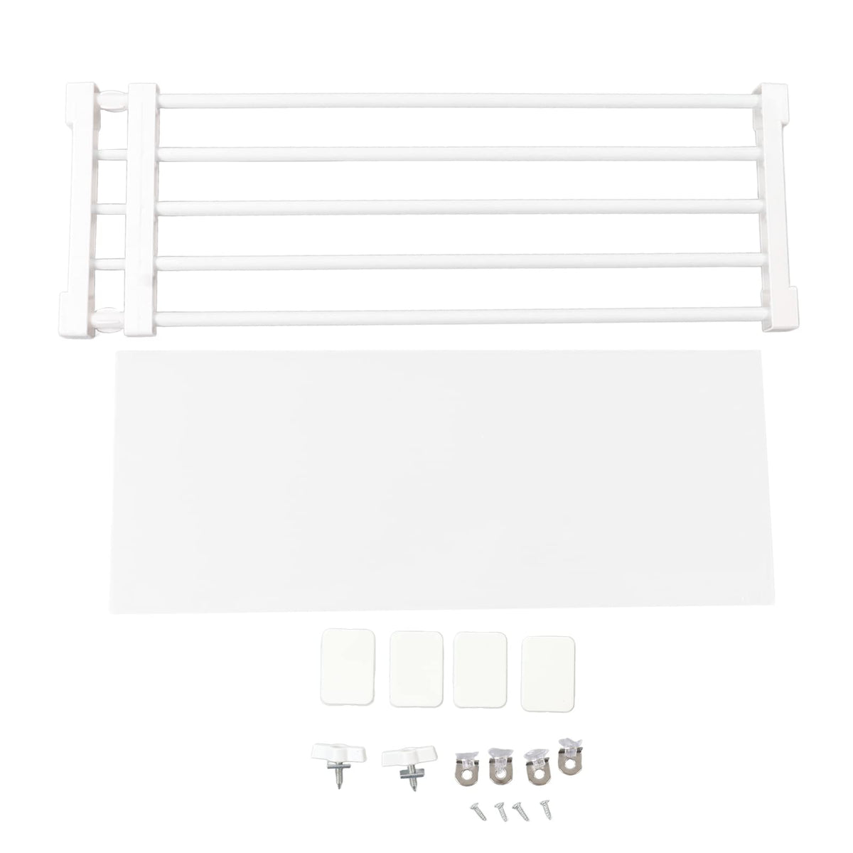 Rengue Adjustable Closet Divider, Rack, White, Iron and Plastic, 28.850.4 Inches, Space Efficient, for Wardrobe and Kitchen Adj