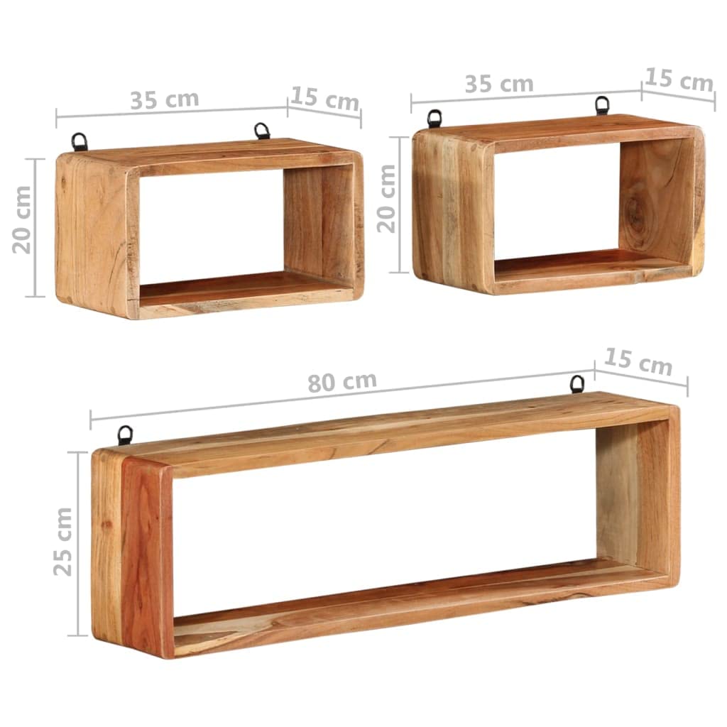 vidaXL 3 Piece Wall Cube Shelf Set - Solid Acacia Wood, Natural Finish, Distinct Dimensions, No Assembly Required - Scandinavian Style