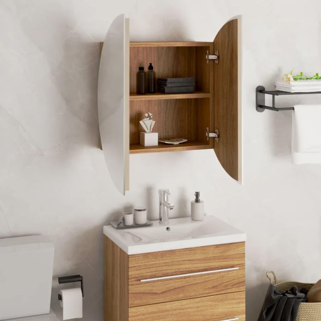 vidaXL Oak Bathroom Cabinet with Round Mirror and LED String, Wall-mounted Design, Large Compartments for Storage, Easy to Clean, 18.5&quot;x18.5&quot;x6.9&quot;