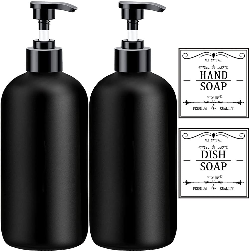 Black Soap Dispenser with Rust Proof Pump, Waterproof Labels (2 Pack,16 Oz) Bathroom, Plastic Hand Dish Soap Dispenser for Kitch