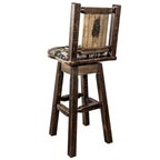 Montana Woodworks Homestead Collection Counter Height Barstool with Back & Swivel, Upholstered Seat, Woodland Pattern with Laser Engraved Pine Tree Design, Stained & Lacquered