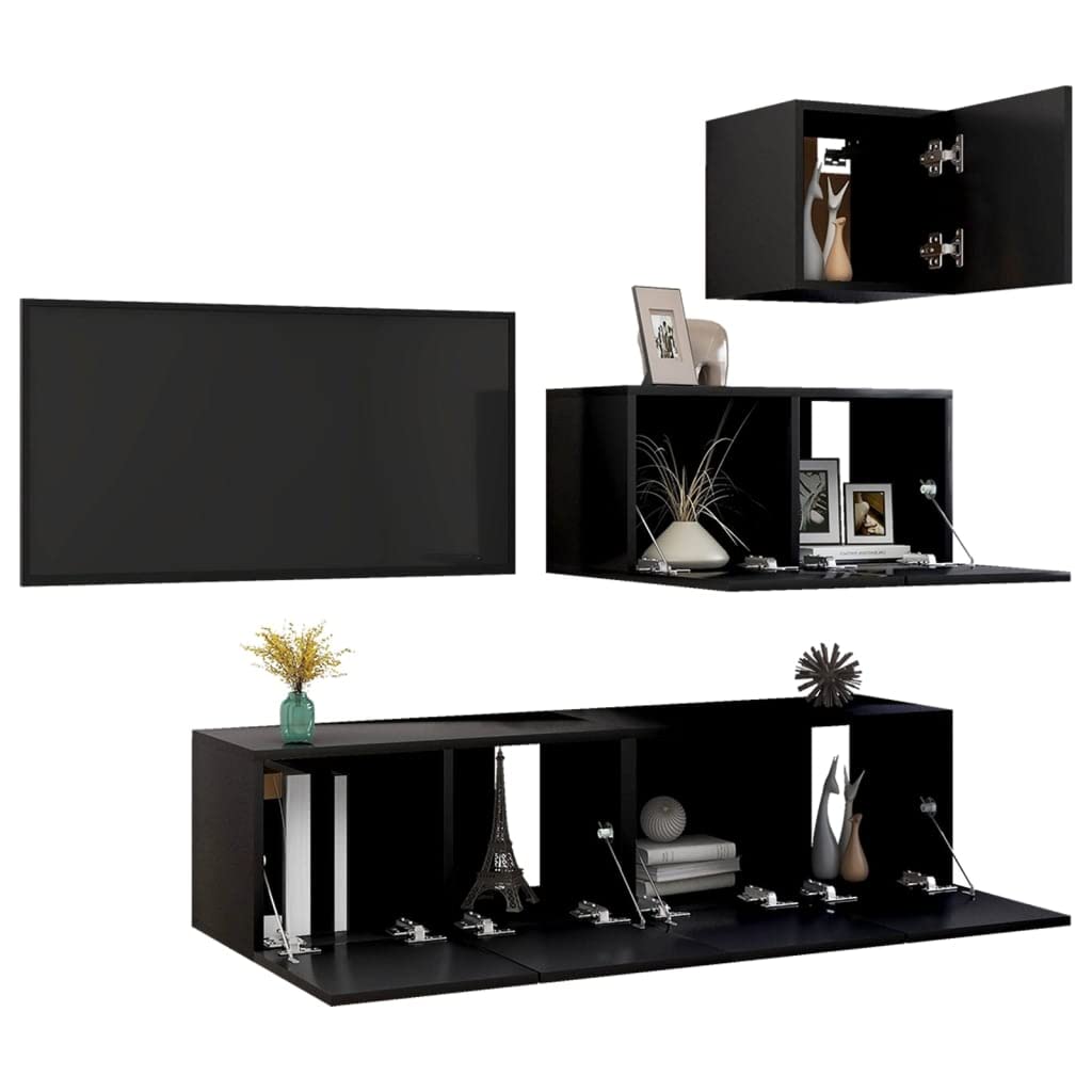 vidaXL TV Cabinet Set 4 Piece Home Indoor Living Room Hanging Wall-Mounted Stereo Plasma HiFi Cabinet TV Unit Furniture Black Engineered Wood