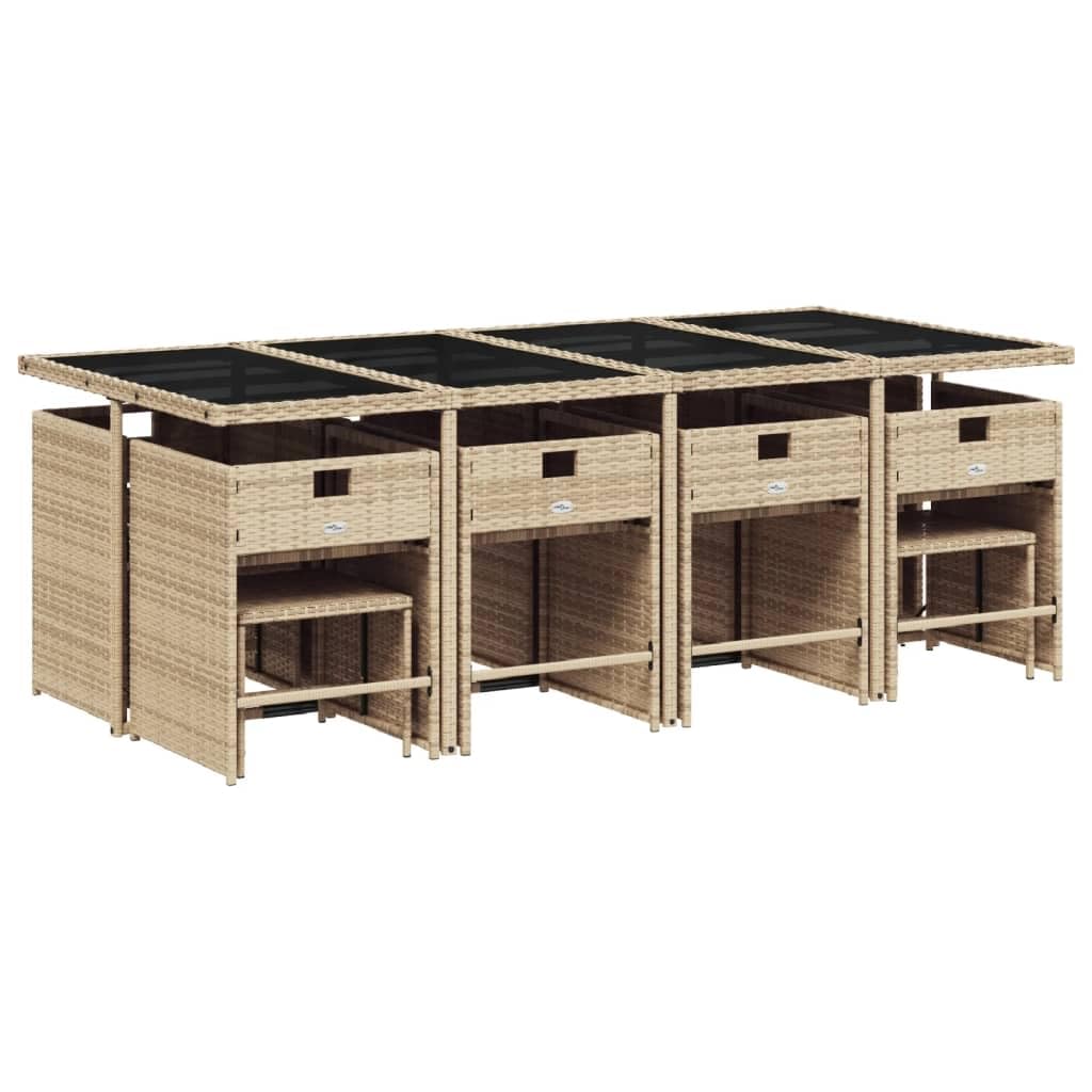 vidaXL Patio Dining Set with Cushions, 13-Piece Beige Poly Rattan Furniture, Outdoor Garden Table, 8 Folding Chairs, 4 Stools, Removable Cushion Covers