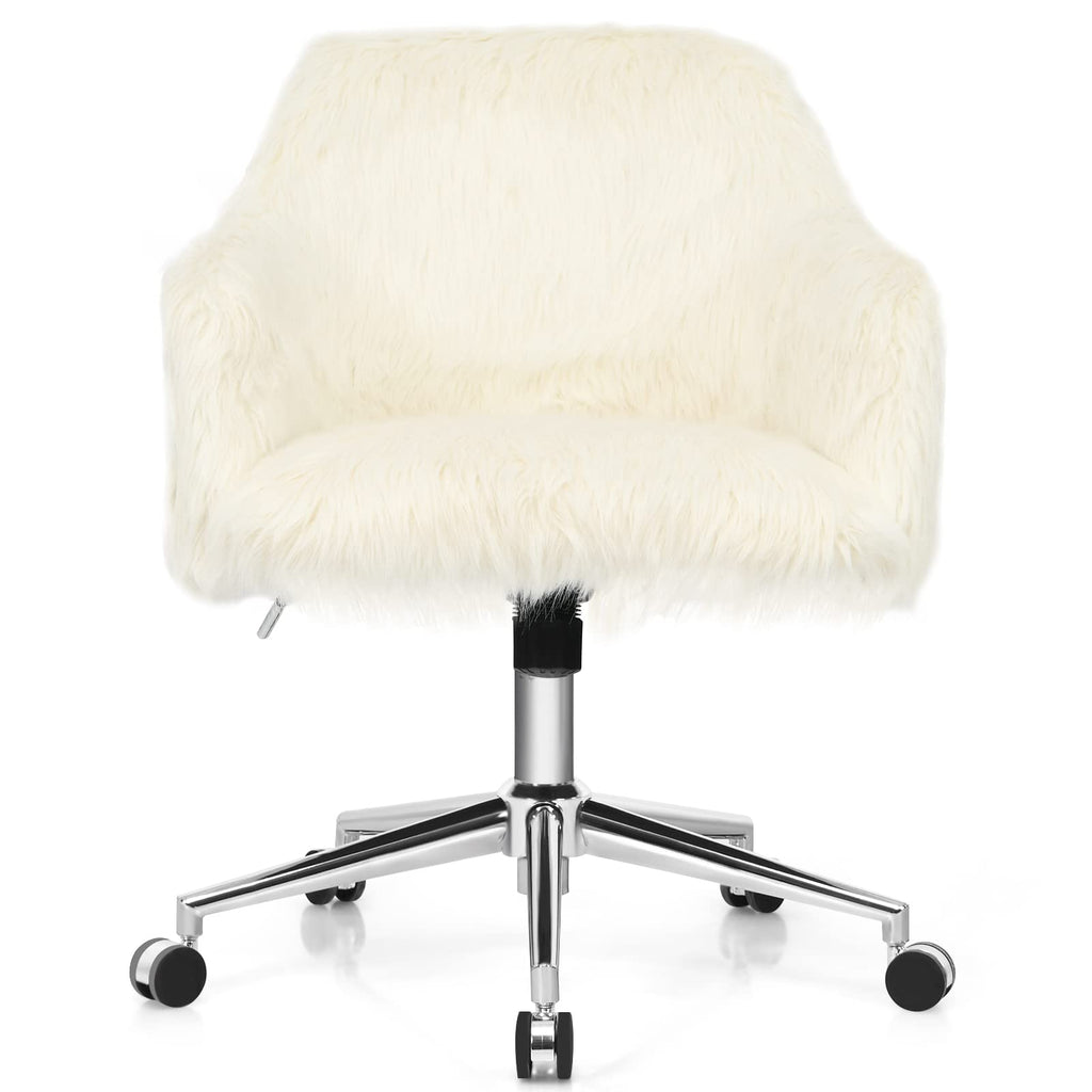 Costway Faux Fur Desk Chair, Fluffy Upholstered Swivel Accent Vanity Chair For Makeup With Adjustable Height, Arm Rest, Rolling Leisure Task Chair On Wheels For Home Office, Beige