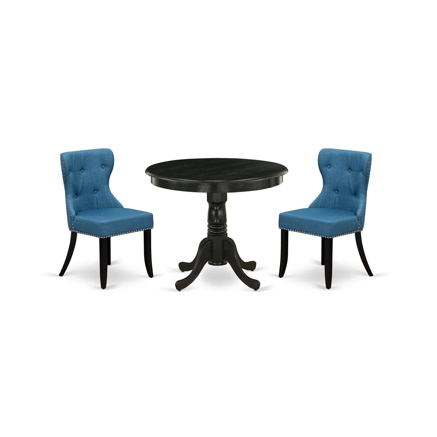 East West Furniture Ansi3-Abk-21 3 Piece Dining Set Contains A Round Kitchen Table With Pedestal And 2 Blue Linen Fabric Parson Dining Room Chairs, 36X36 Inch, Wirebrushed Black