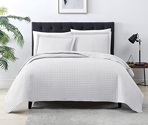 Exq Home Quilt Set Full Queen Size White 3 Piece,Lightweight Soft Coverlet Plaid Pattern Bedspread Set For All Season(1 Quilt,2