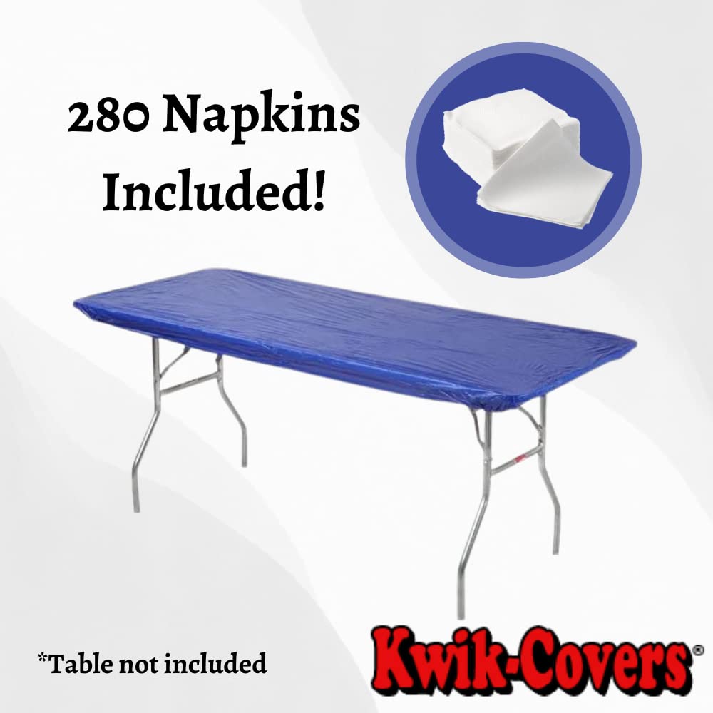 Kwik-Covers Rectangular Plastic Table Covers 20 Pack With Two Hundred And Eighty (280) Ohm Commerce Paper Napkins - Indoor Or Outdoor Table Covers (Table Not Included) (30X72 20 Pack, Royal Blue)