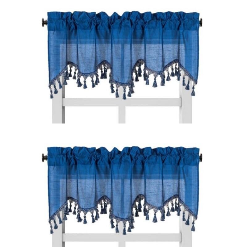 Solid Faux Silk Swag Waterfall Cascade Ascot Window Curtain Valance W/Tassels Trim 55' X18' Wave (2, Royal Blue)