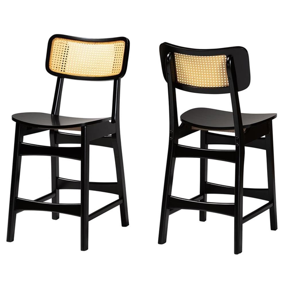 Baxton Studio Tafari Mid-Century Modern Dark Brown Finished Wood and Rattan 2-Piece Counter Stool Set