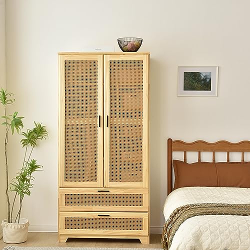 Pine Wood Closet with Rattan Doors and Two Drawers (Natural)