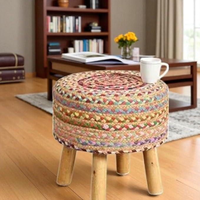Shadowkart Ottoman Stool For Living Room, Jute & Cotton Dori Foot Rest Ottoman, Modern Foot Stool For Sitting, Wooden Legs Puffy
