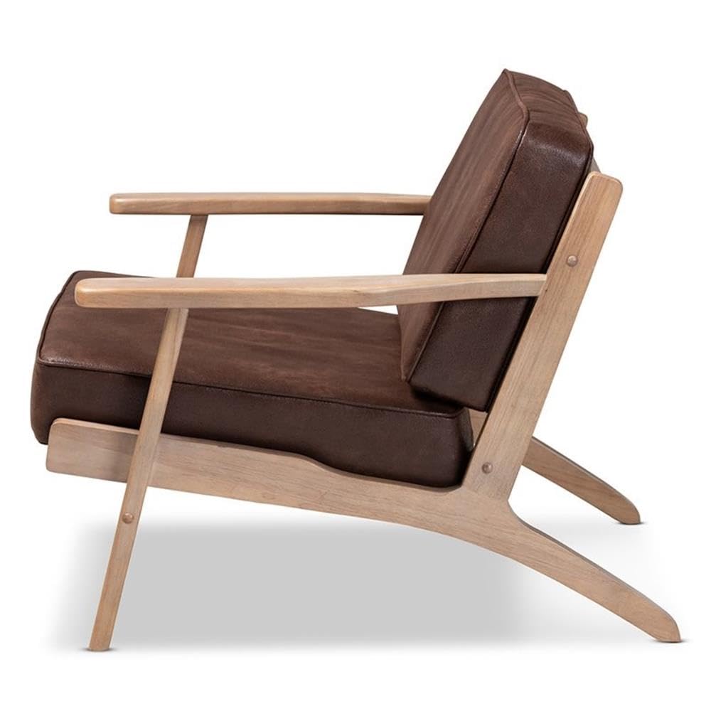 Baxton Studio Sigrid Mid-Century Modern Dark Brown Faux Leather Effect Fabric Upholstered Antique Oak Finished Wood Armchair