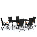 vidaXL Outdoor Patio Dining Set - 7 Piece Rattan Chairs & Glass Top Table - Powder Coated Steel Frame & WPC Elements - Black
