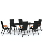 vidaXL Outdoor Patio Dining Set - 7 Piece Rattan Chairs & Glass Top Table - Powder Coated Steel Frame & WPC Elements - Black