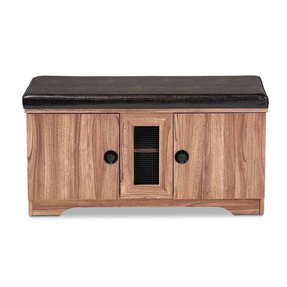 Baxton Studio Valina Modern and Contemporary Dark Brown Faux Leather Upholstered 2-Door Wood Shoe Storage Bench with Cabinet